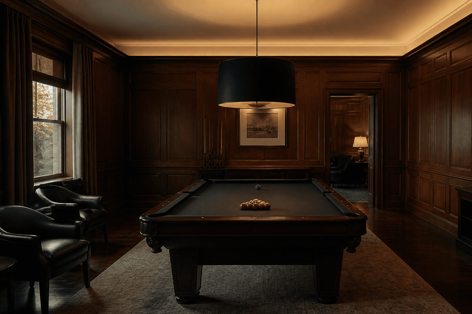 A private billiards room with a single table under a dark pendant.