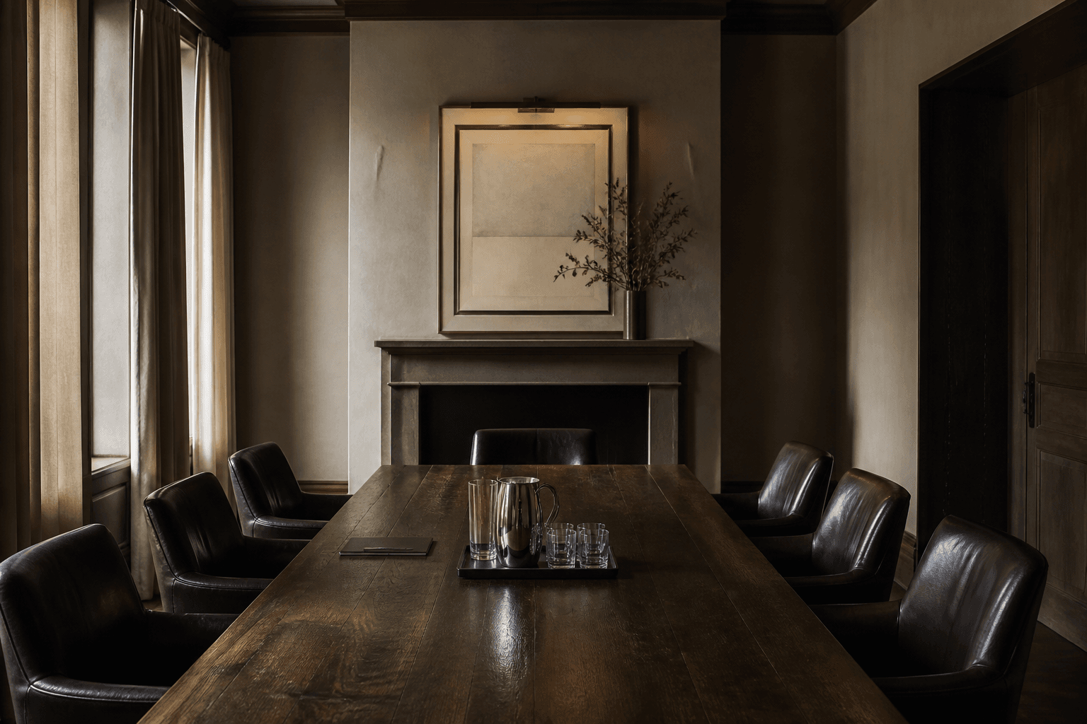 A private conference table in dark wood, set for a closed meeting.
