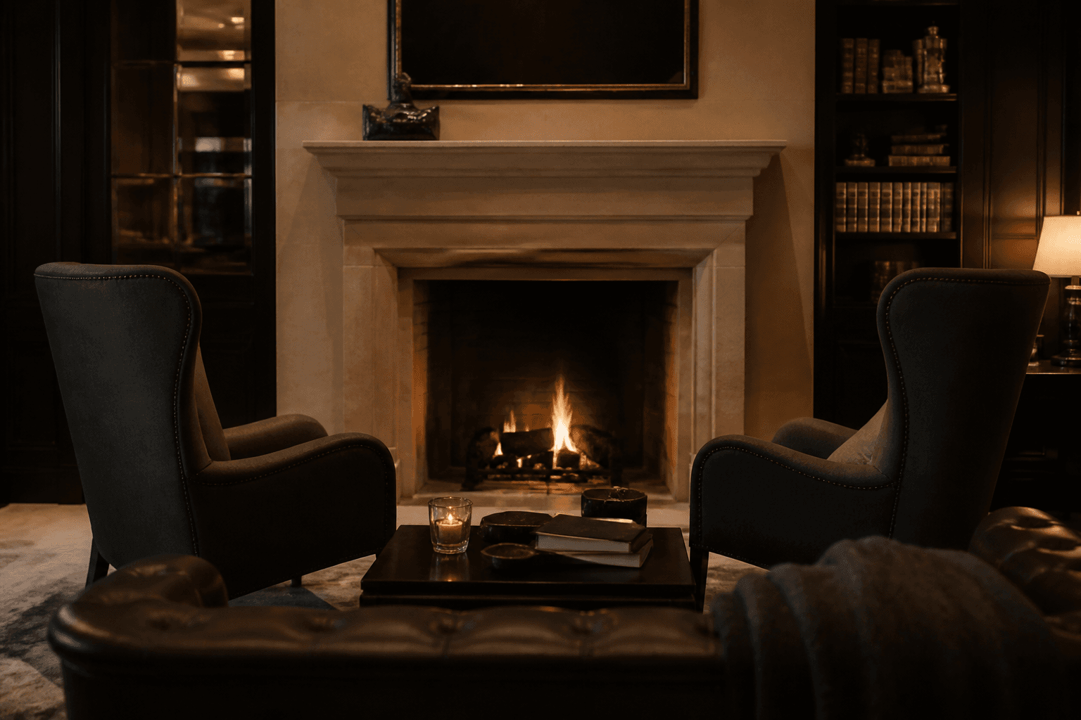 Two chairs before a lit fireplace in a quiet members' lounge.