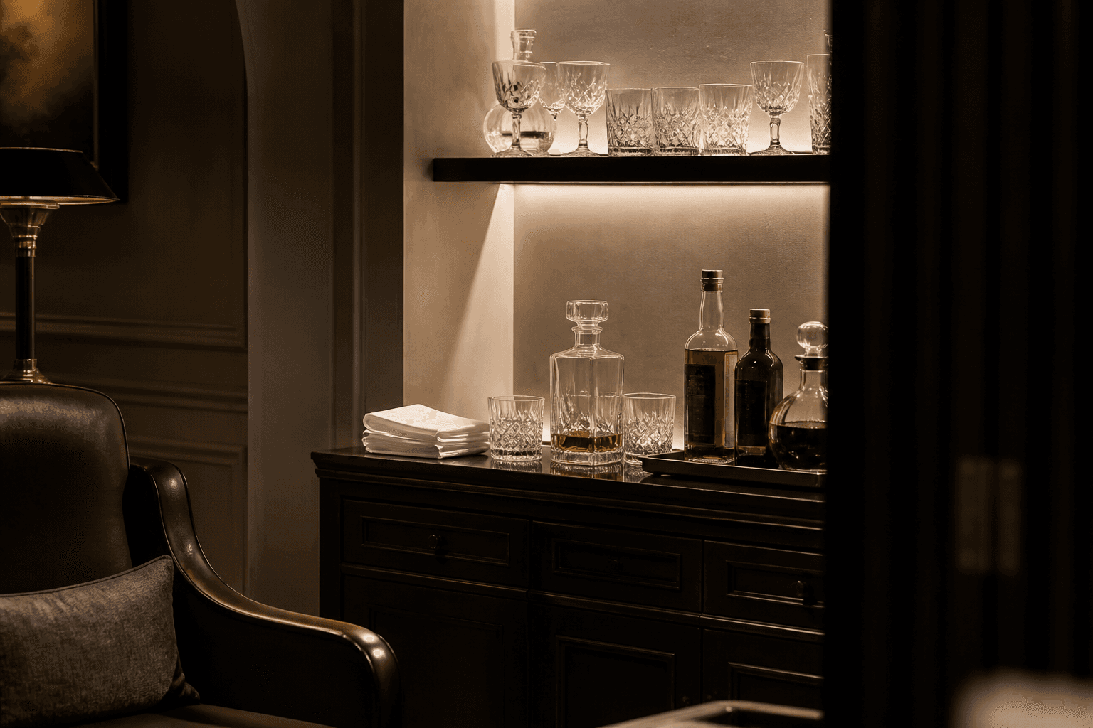 A private pour: crystal, linen, and a member's preferred bottle — not a bar.