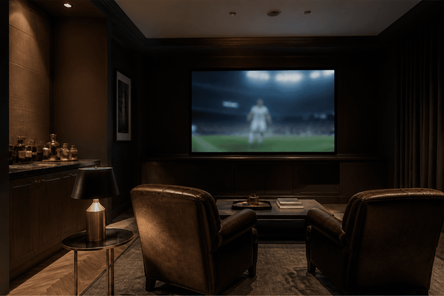 A private sports room with a large screen, leather chairs, and low light.