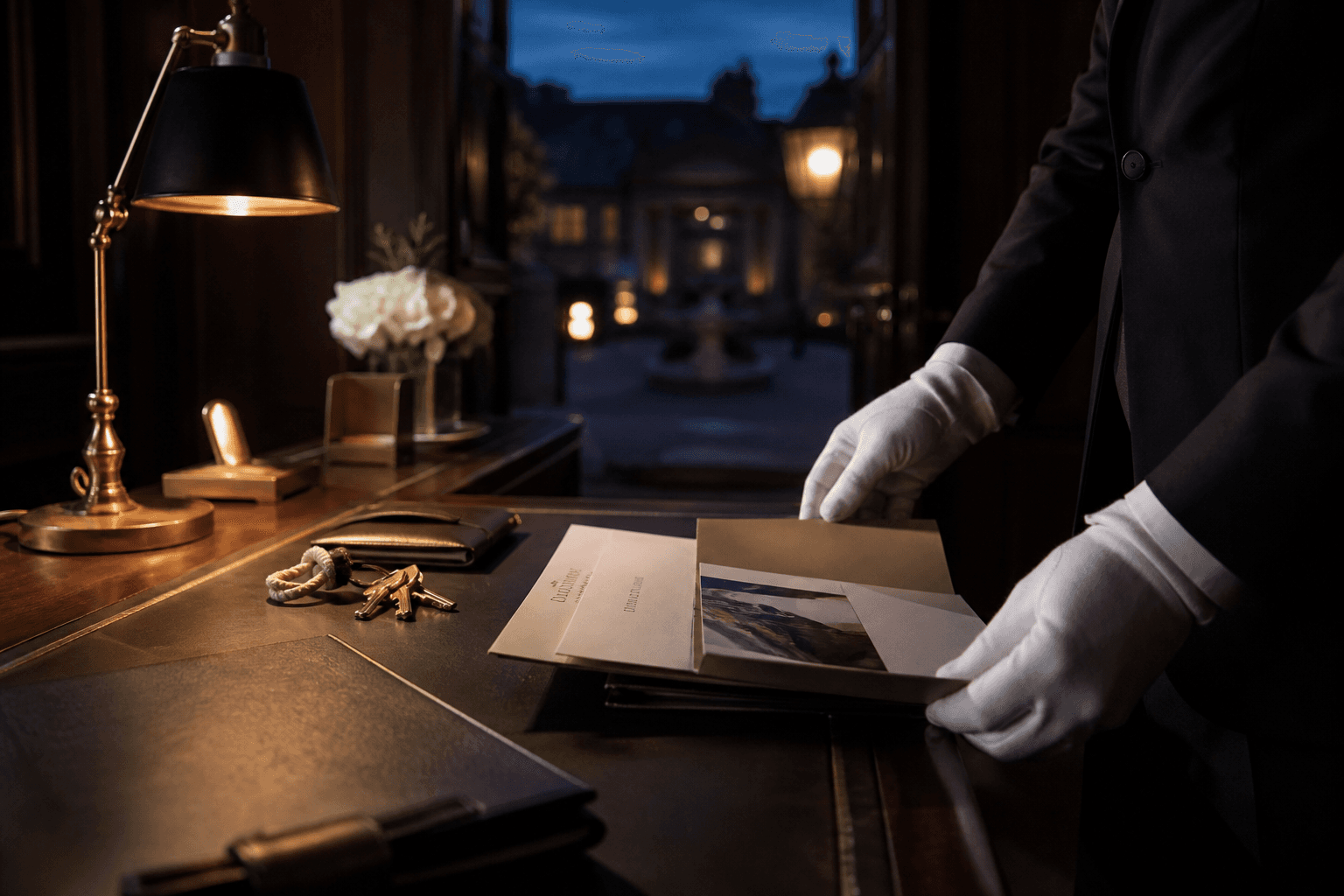 A gloved hand arranging travel documents at a private-club desk at dusk.