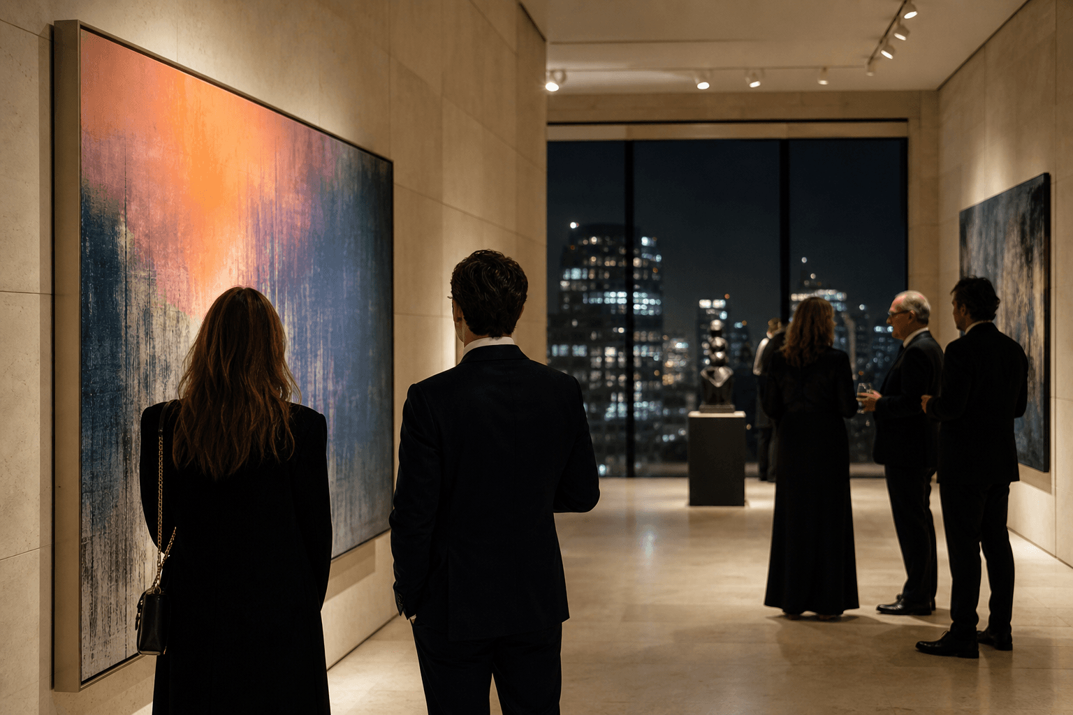 Guests seen from behind at a private gallery viewing.