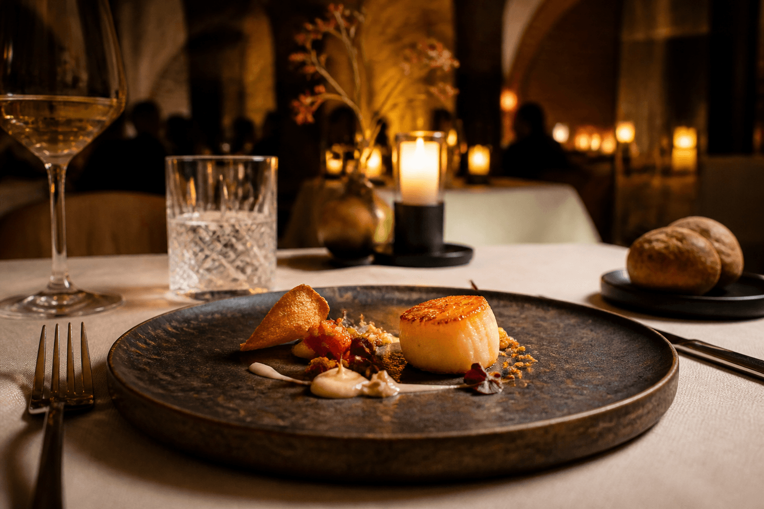 A tasting-menu course on dark stone with candlelight and crystal.