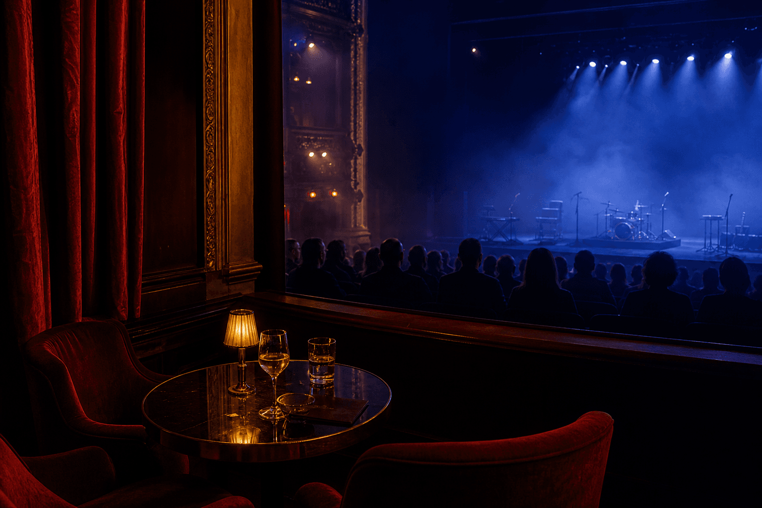A premium box looking toward a lit stage in a live entertainment venue.