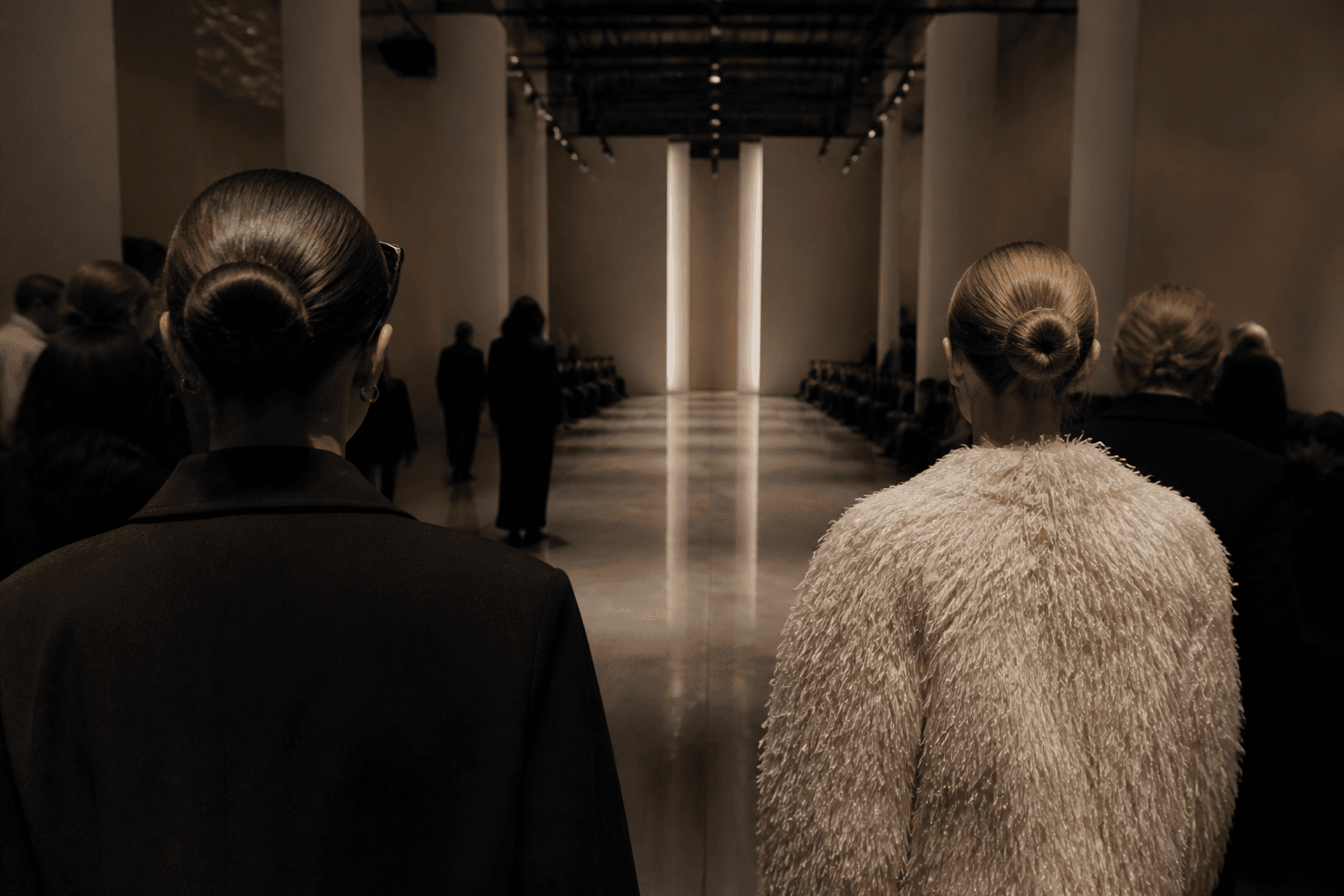 A spare fashion salon with clothing as texture under architectural light.