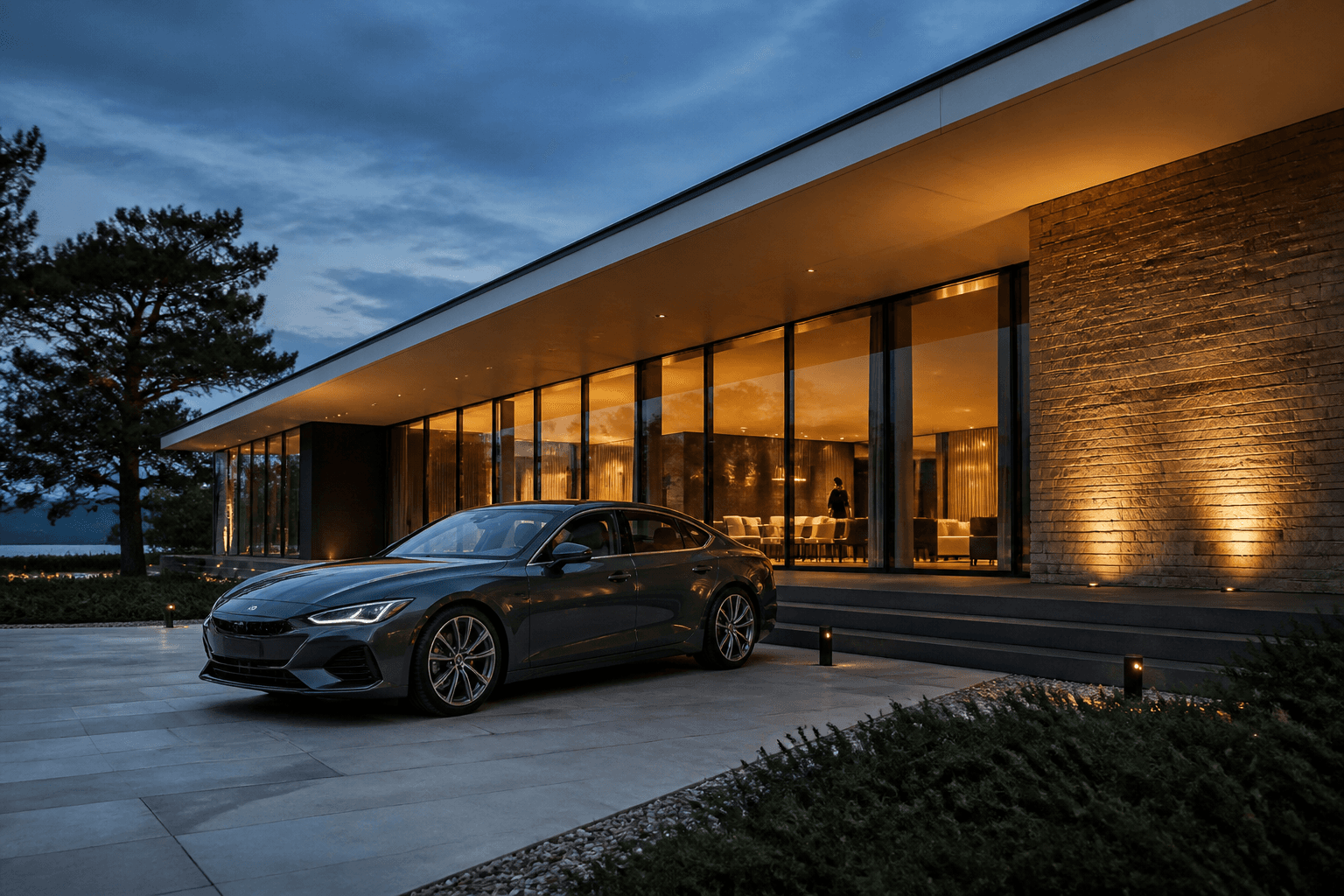A luxury automobile beside contemporary architecture at dusk.
