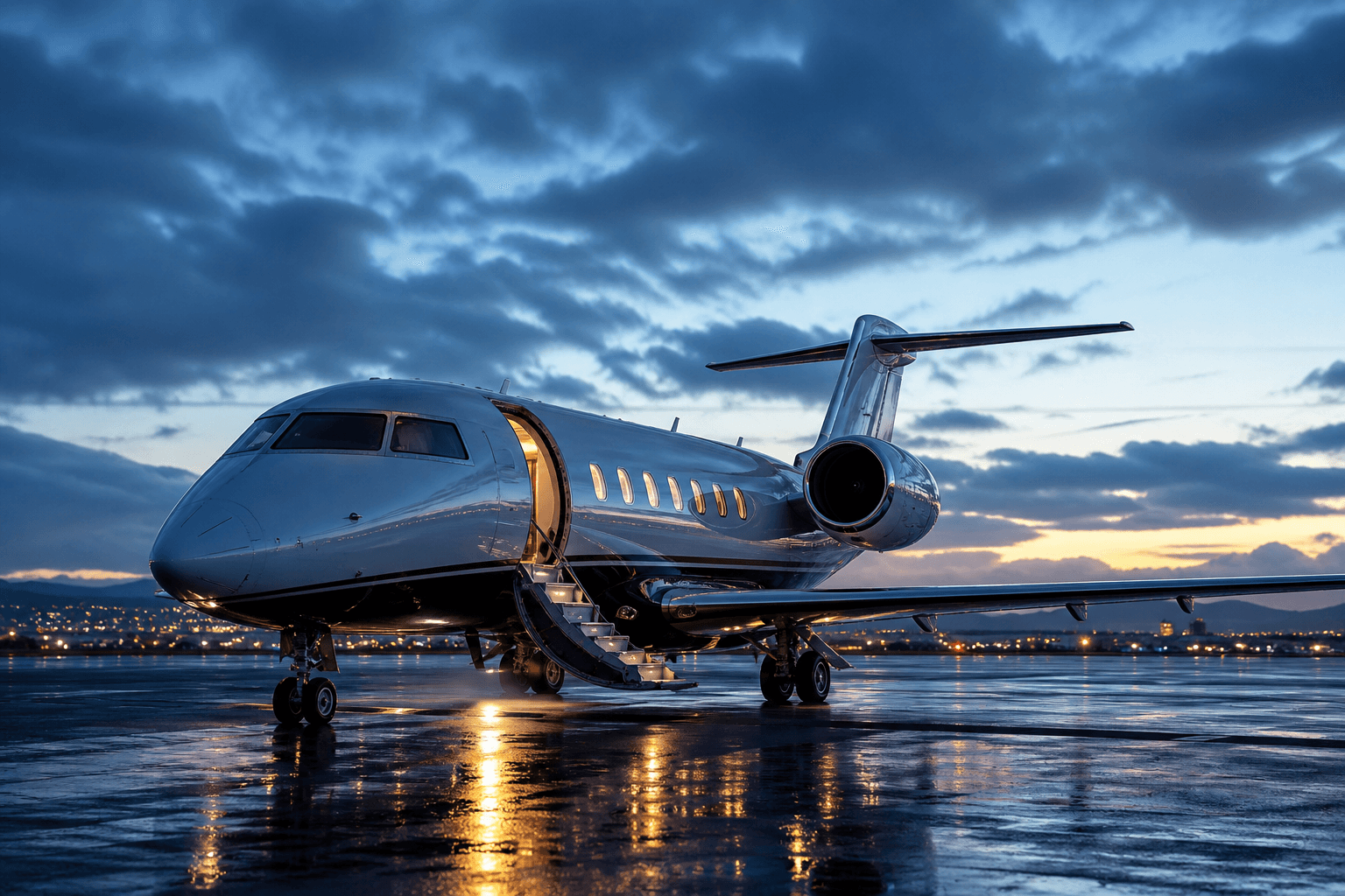 Private aircraft on a quiet tarmac at blue hour.