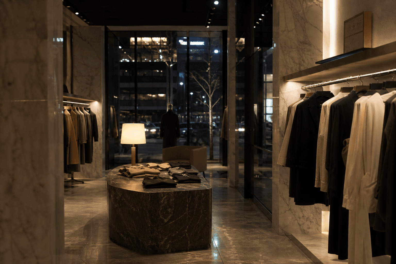 A quiet luxury retail interior at night, clothing as texture not advertising.