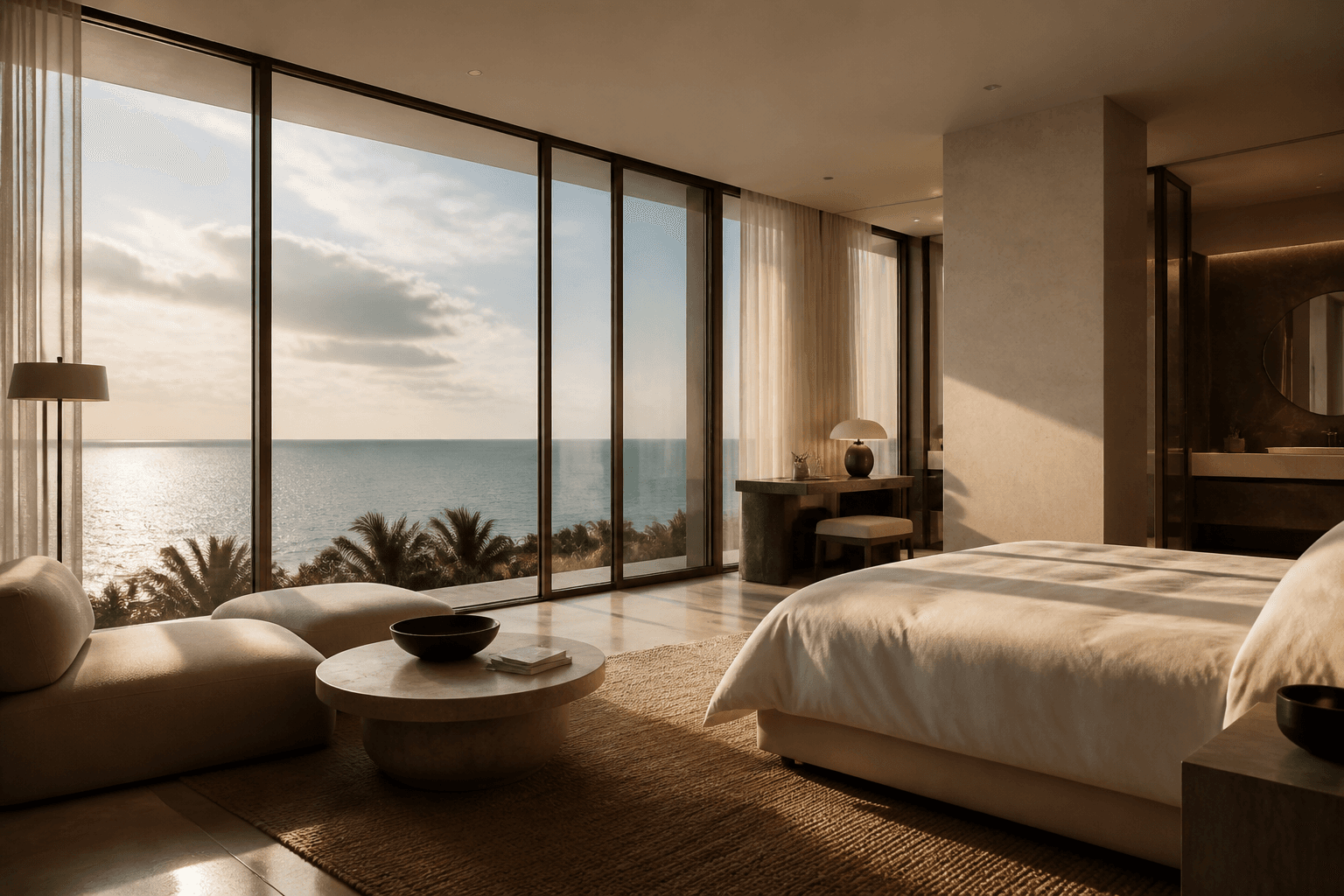 A South Florida suite with ocean light across linen and stone.