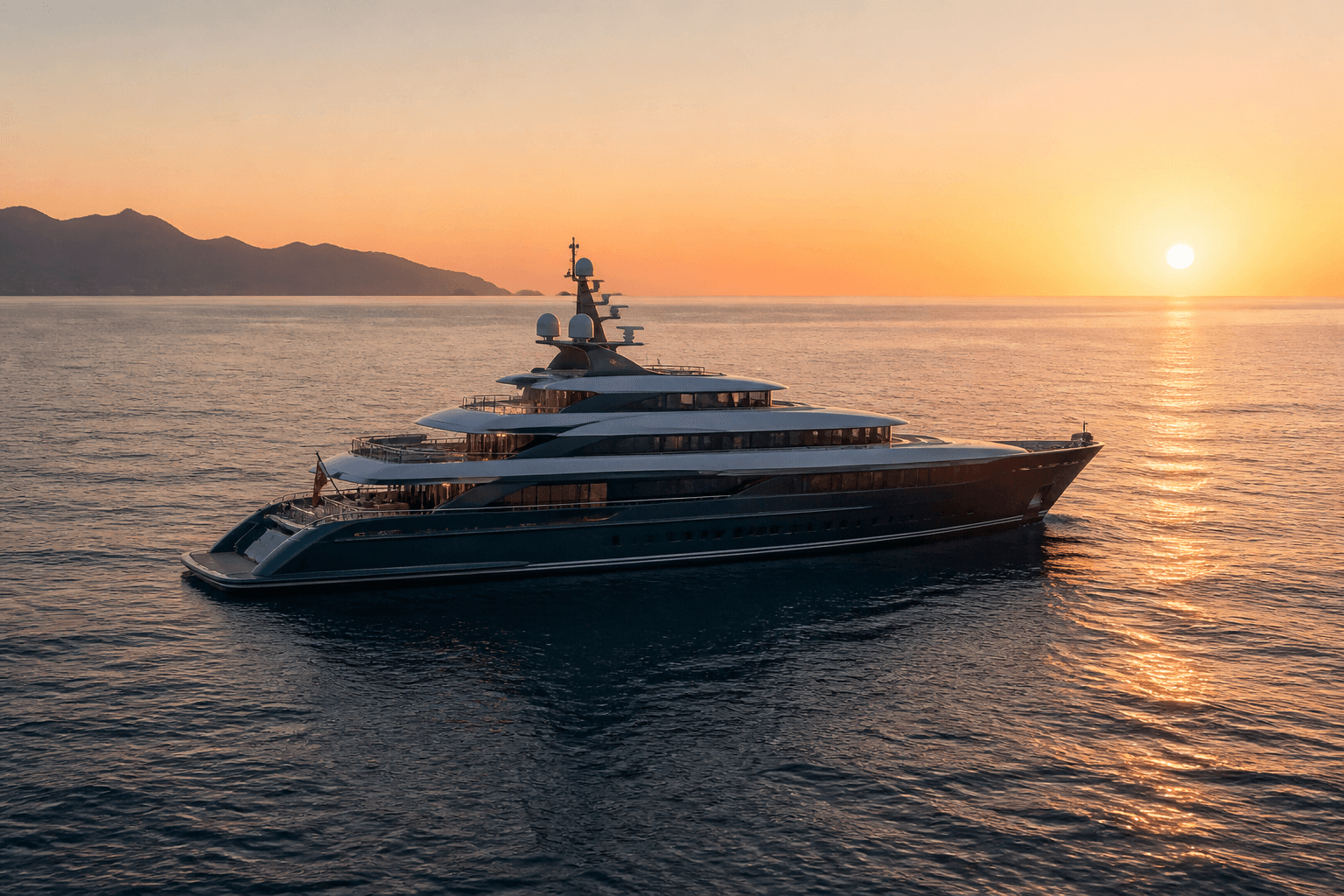 A yacht on open water at golden hour.