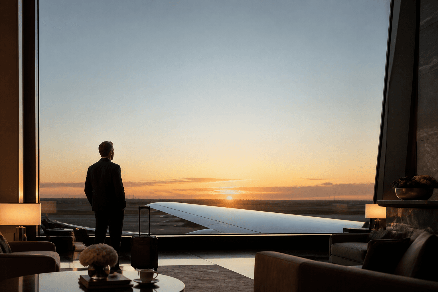 Dawn light through a private terminal window, an aircraft wing beyond the glass.