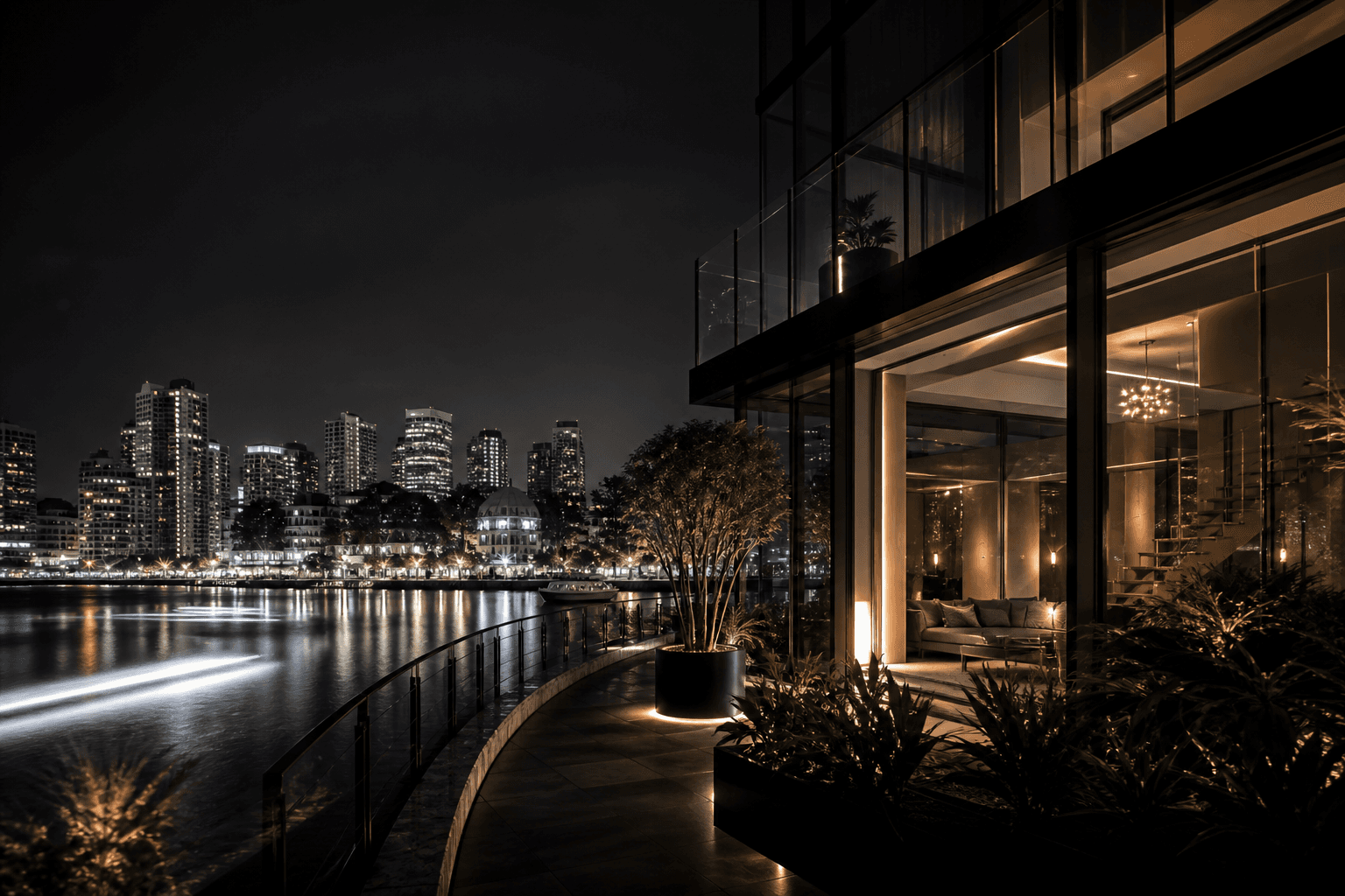 Night city waterfront with long-exposure light on the water.