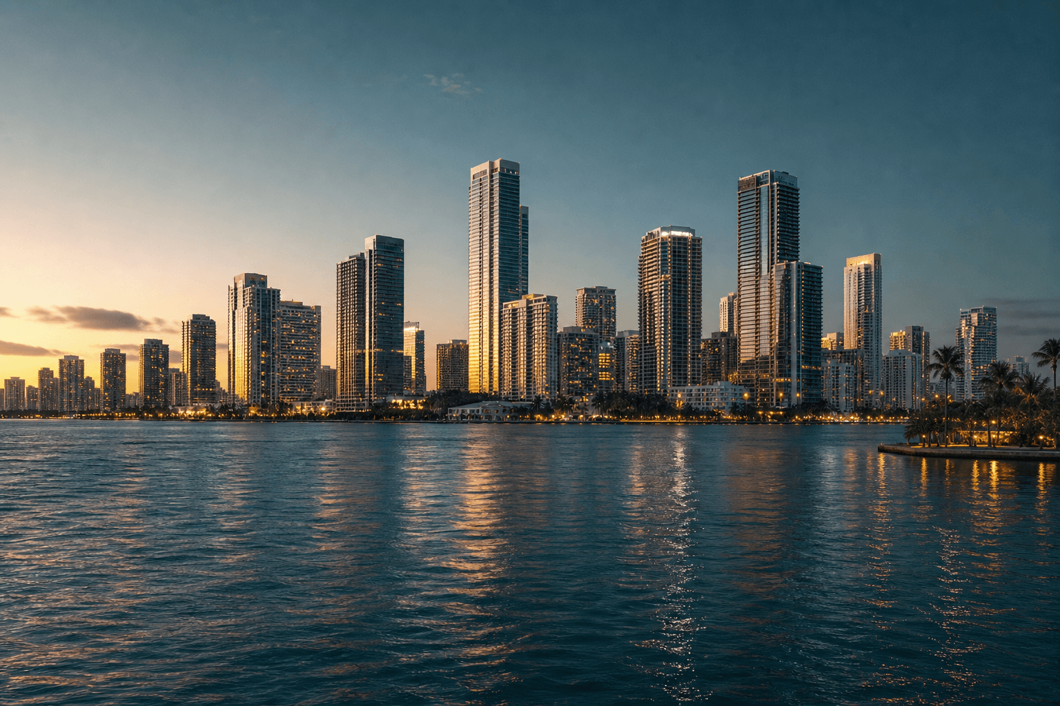 Miami waterfront at dusk, glass towers reflected in still water.