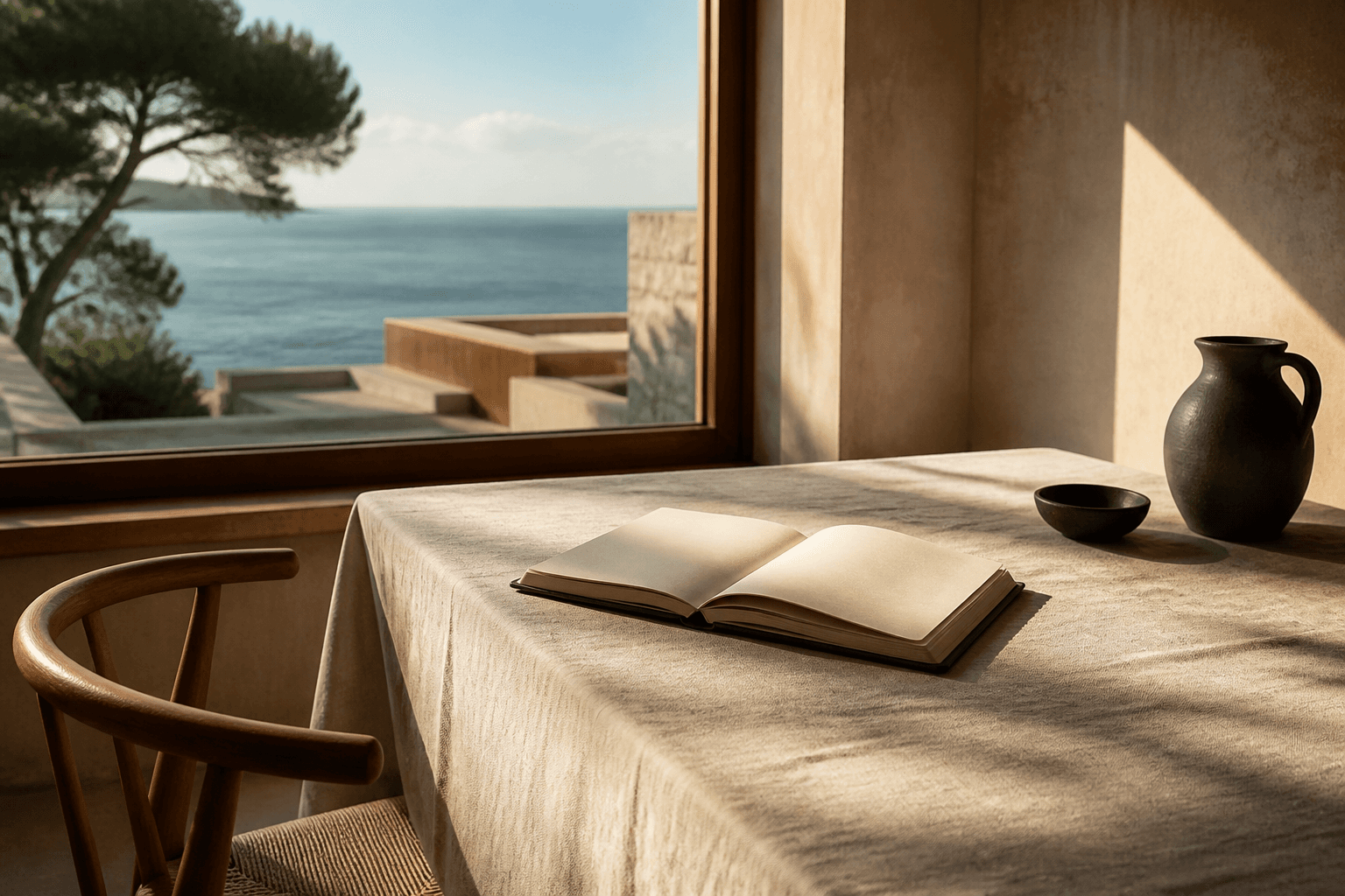 A linen table by a window with an open notebook and ocean light.