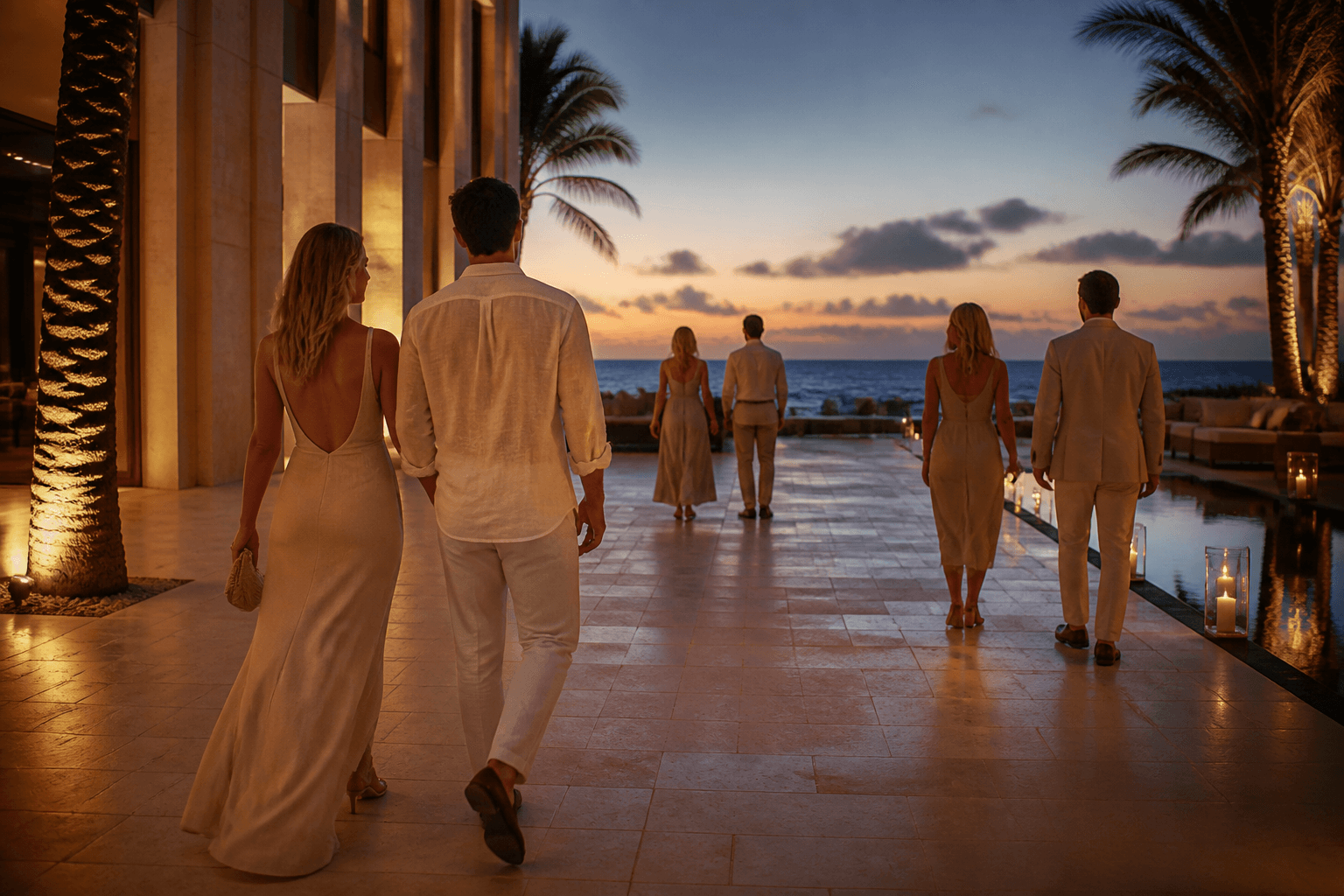 Guests walking a South Florida waterfront terrace at evening, seen from behind.