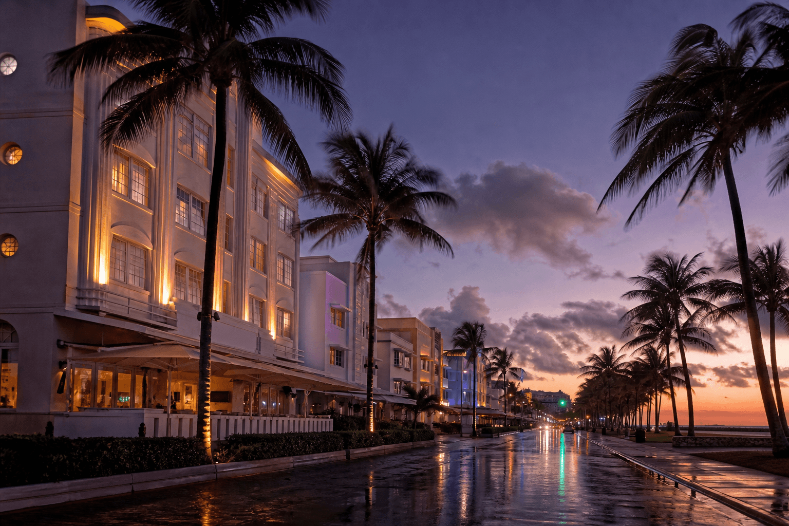 Miami Art Deco hotels, royal palms, and ocean at dusk.