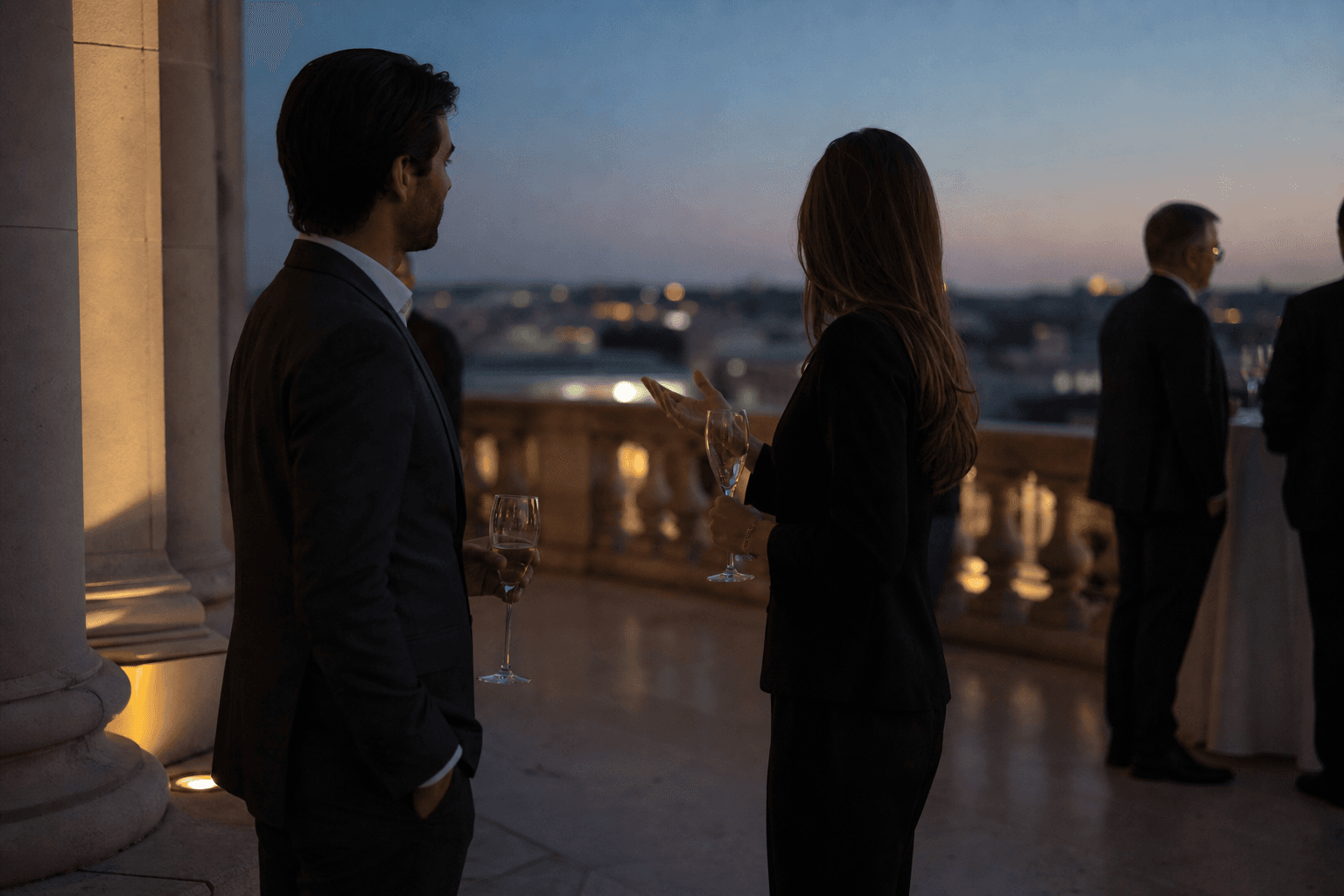 Two people in conversation on a terrace at dusk, seen from the side.
