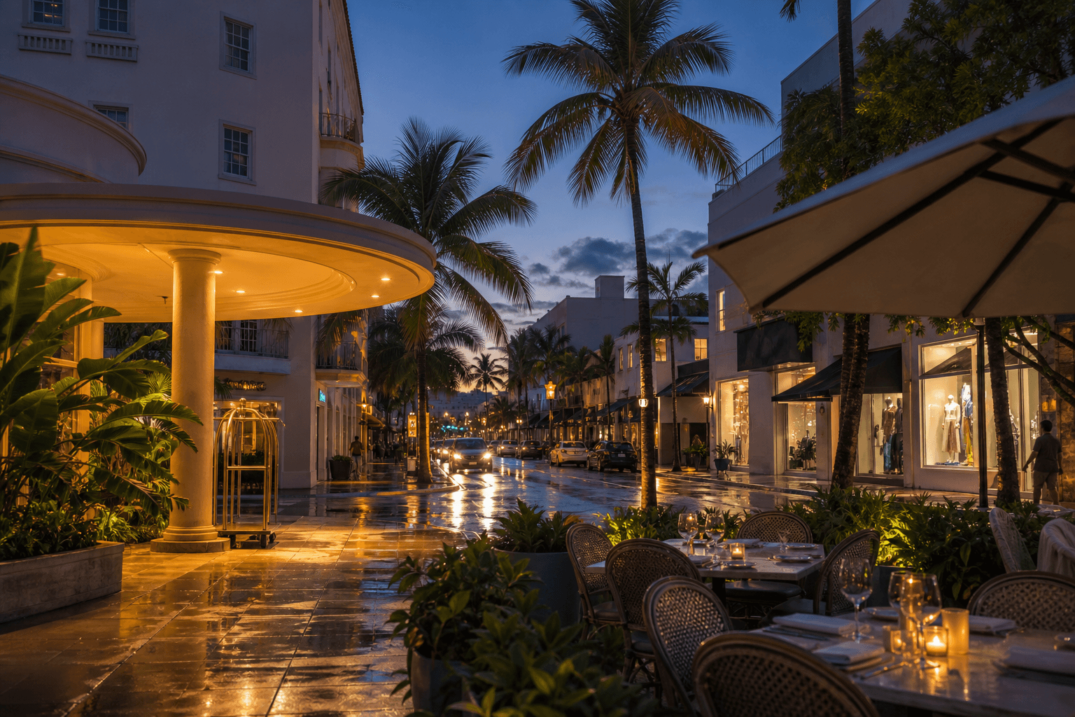 A South Florida evening street with a hotel canopy, restaurant terrace, and boutique light.