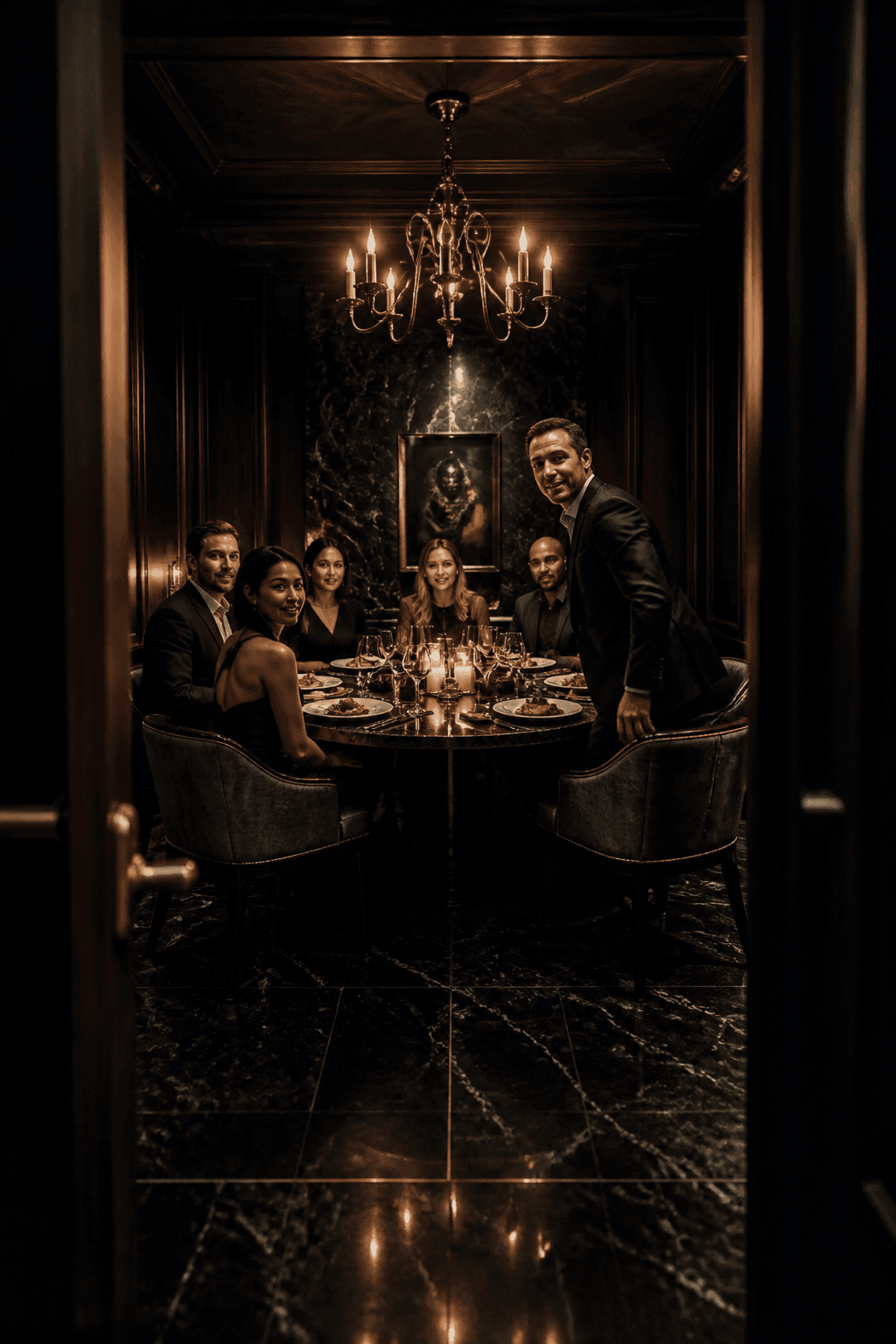 A private candlelit room. A table already seated. They are looking toward the door.