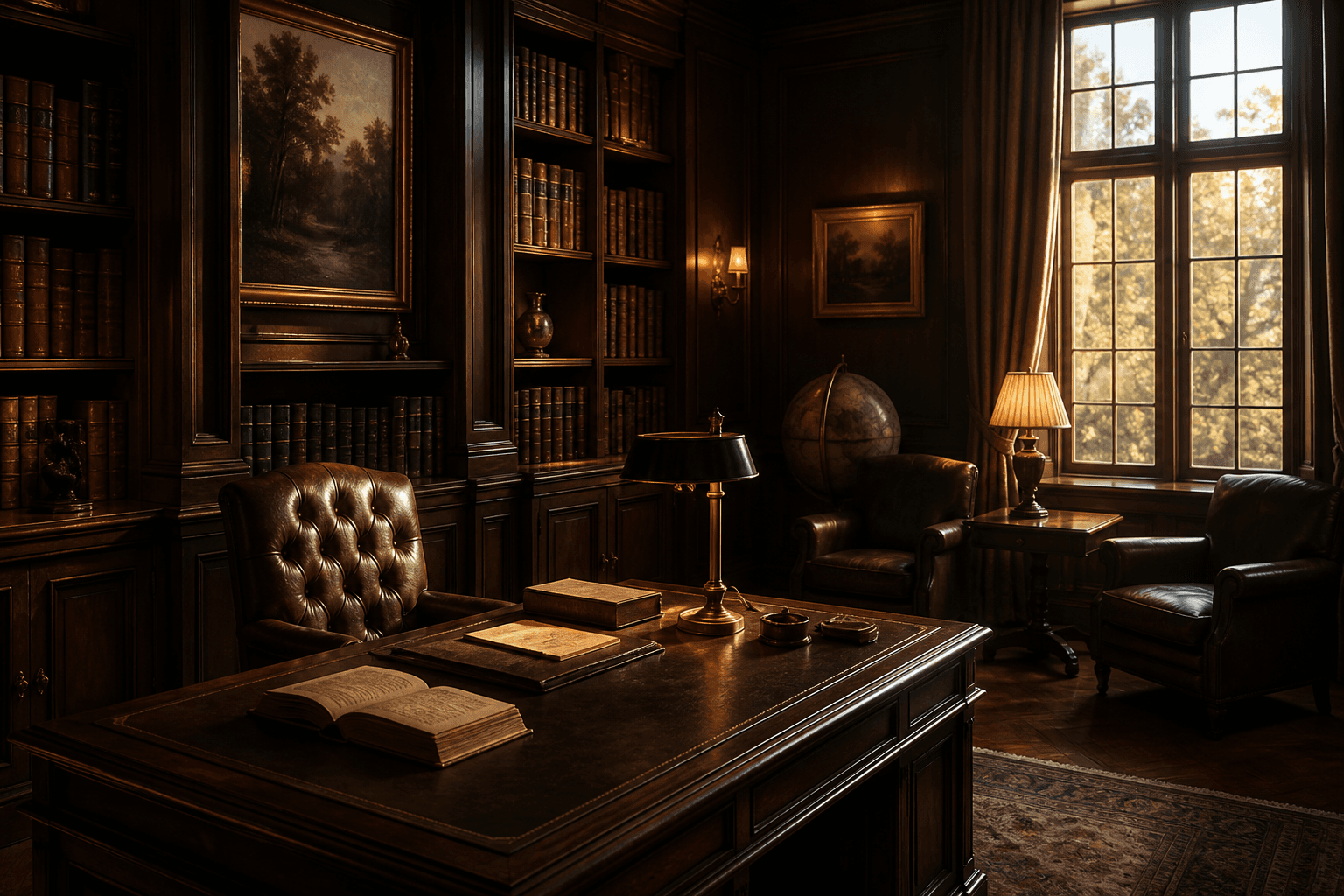 A private library study with dark wood, leather, and late afternoon light.