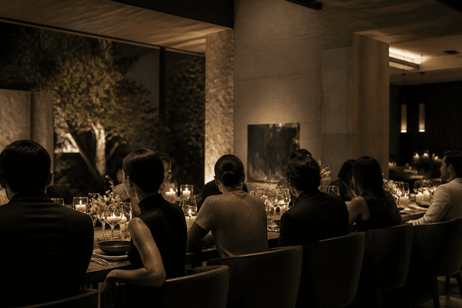 An intimate evening gathering in a stone and wood interior.