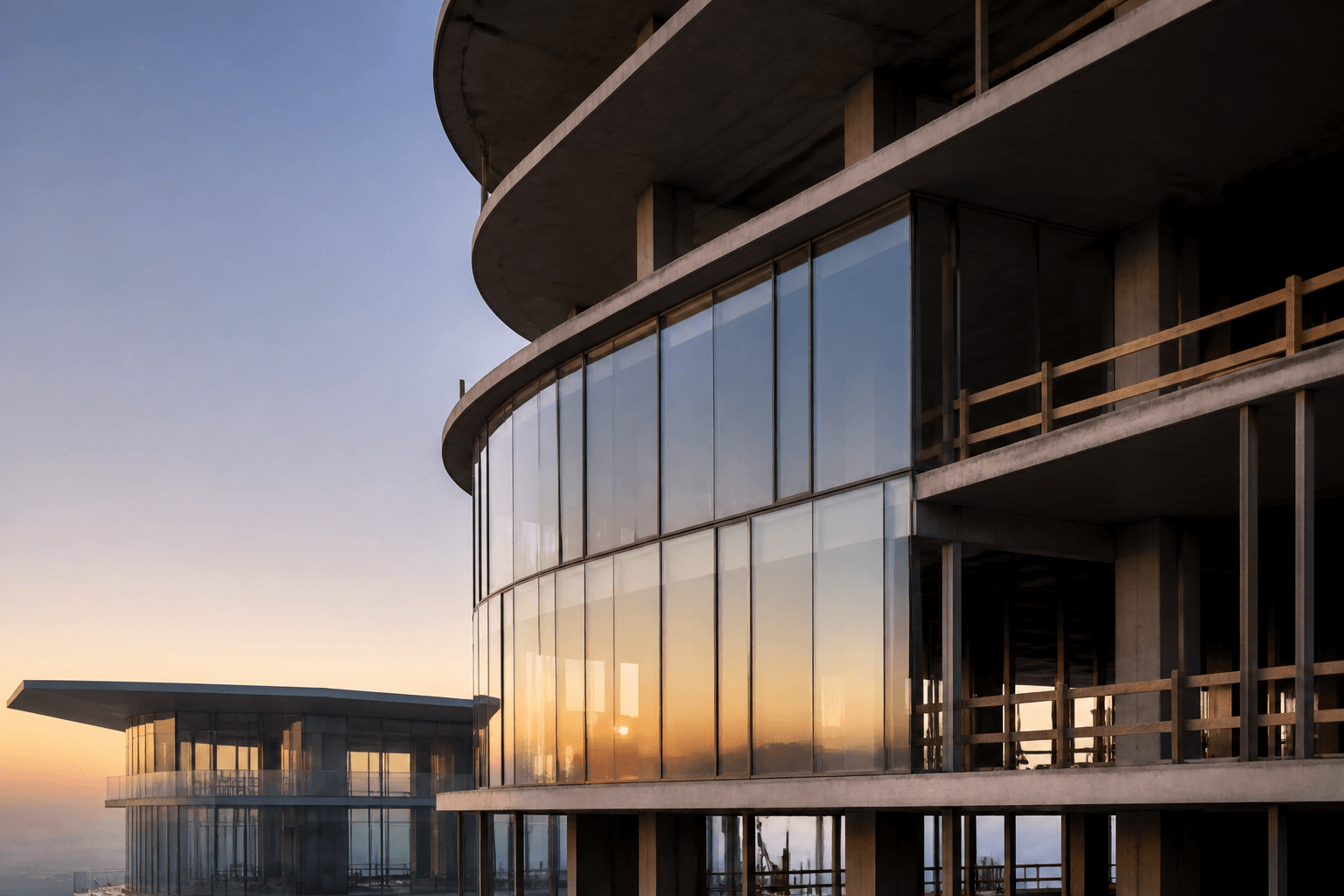 Contemporary architecture emerging at dawn against open sky.