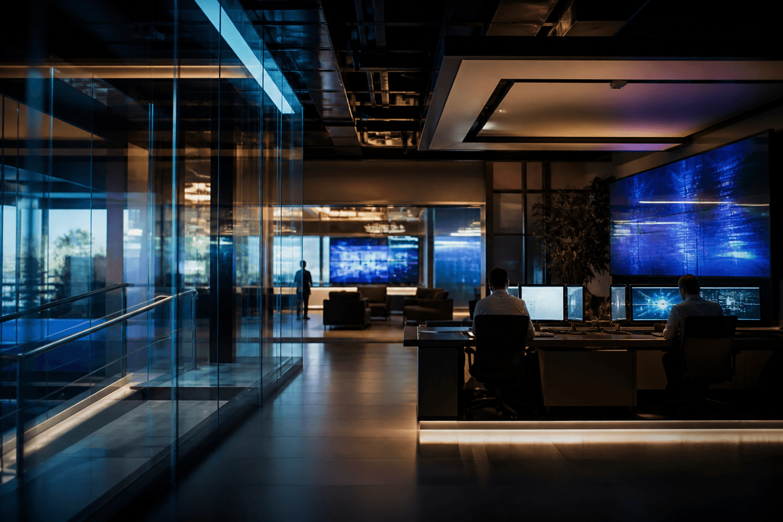 A modern glass interior suggesting intelligence and technology, screens as atmosphere.