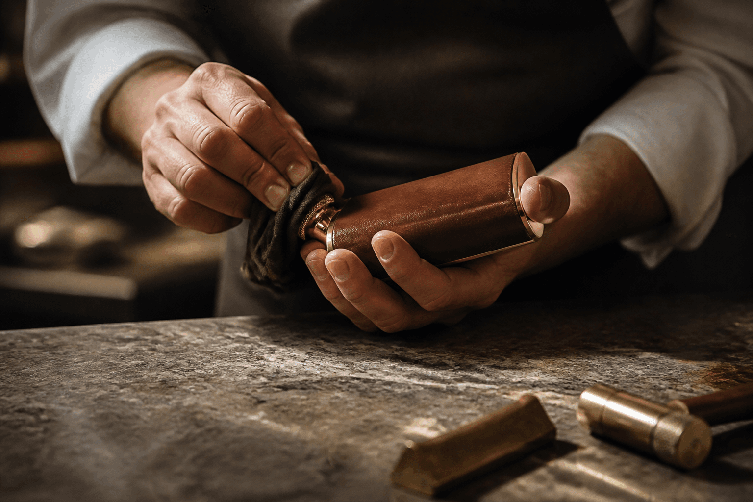 Hands finishing a luxury object on stone, materials of leather and metal.